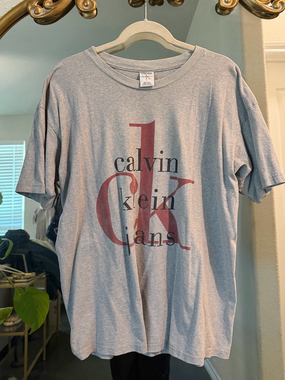 Vintage Calvin Klein Jeans Light Gray Tee with Red Logo
